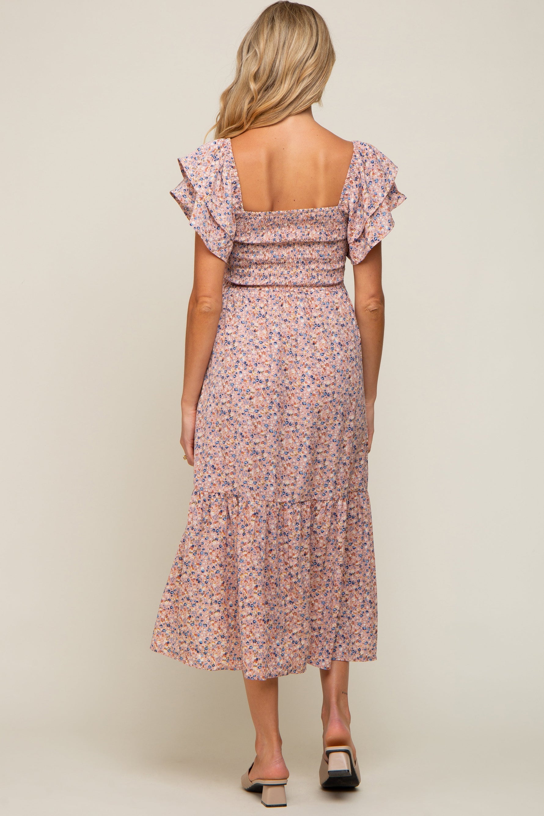 Light Pink Floral Flutter Maternity Midi Dress by PinkBlush at Everetts Place