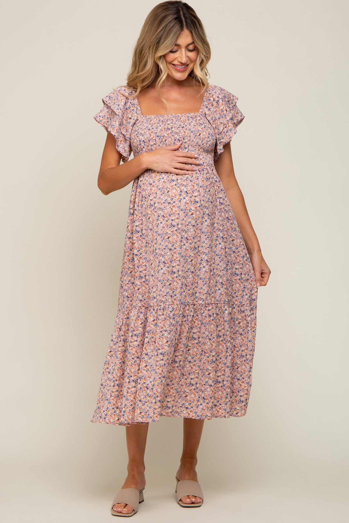 Light Pink Floral Flutter Maternity Midi Dress by PinkBlush at Everetts Place