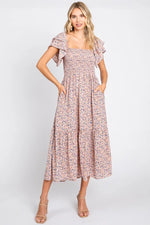 PinkBlush Chic Floral Midi Dress with Smocked Top and Ruffle Hem for Women - Apparel & Accessories > Clothing > Dresses