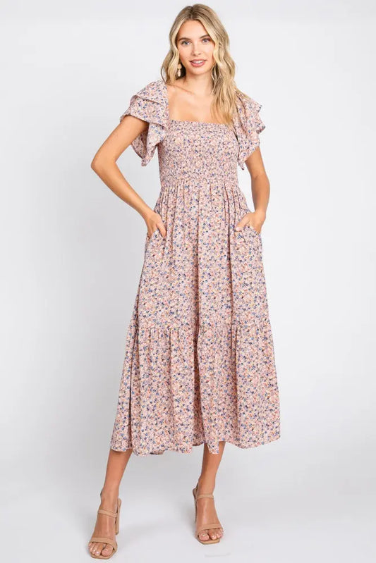 PinkBlush Chic Floral Midi Dress with Smocked Top and Ruffle Hem for Women - Apparel & Accessories > Clothing > Dresses