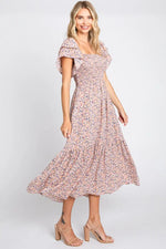 PinkBlush Chic Floral Midi Dress with Smocked Top and Ruffle Hem for Women - Apparel & Accessories > Clothing > Dresses