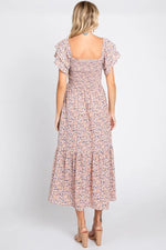PinkBlush Chic Floral Midi Dress with Smocked Top and Ruffle Hem for Women - Apparel & Accessories > Clothing > Dresses