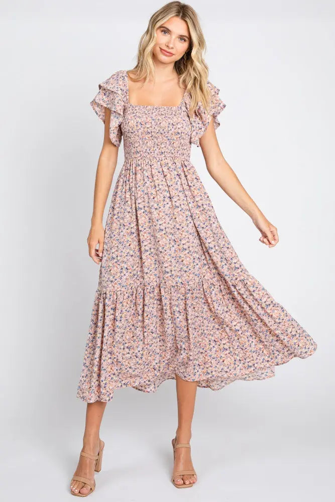 PinkBlush Chic Floral Midi Dress with Smocked Top and Ruffle Hem for Women - Apparel & Accessories > Clothing > Dresses