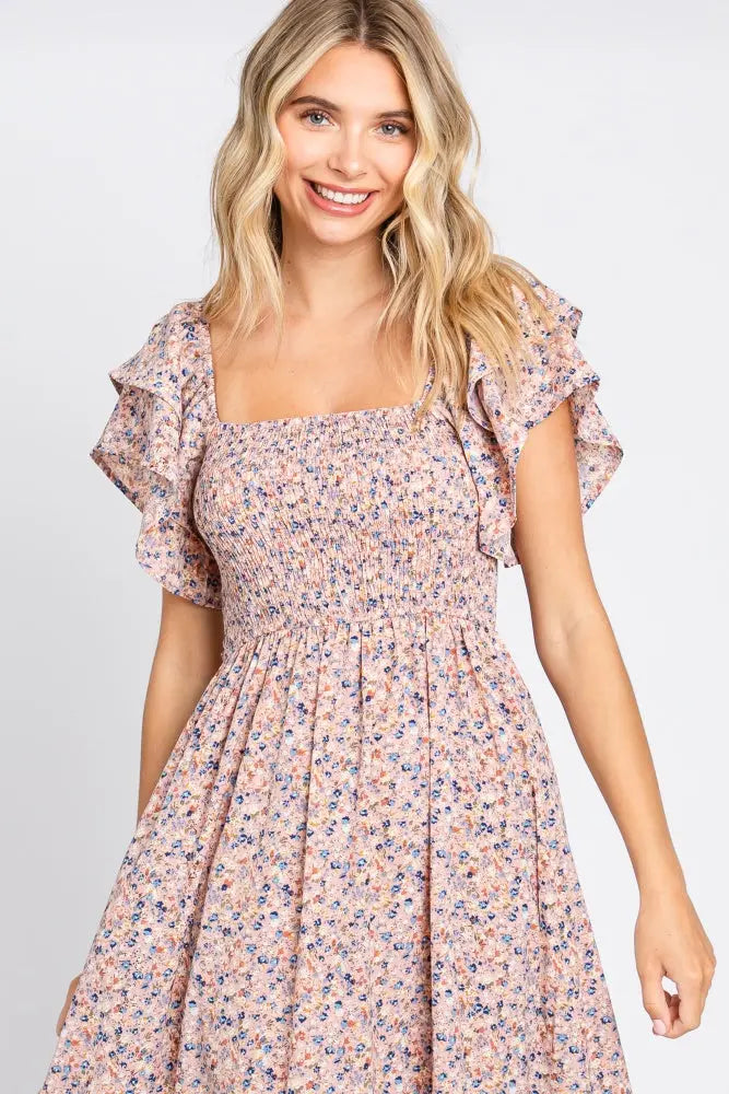 PinkBlush Chic Floral Midi Dress with Smocked Top and Ruffle Hem for Women - Apparel & Accessories > Clothing > Dresses