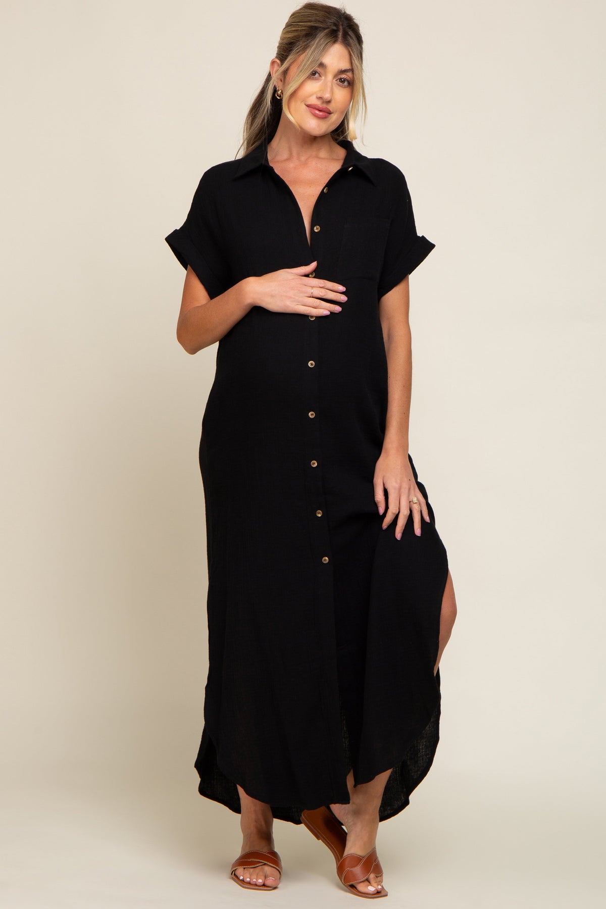 Button Down Nursing Friendly Maternity Midi Dress by PinkBlush (view 5 of 9)