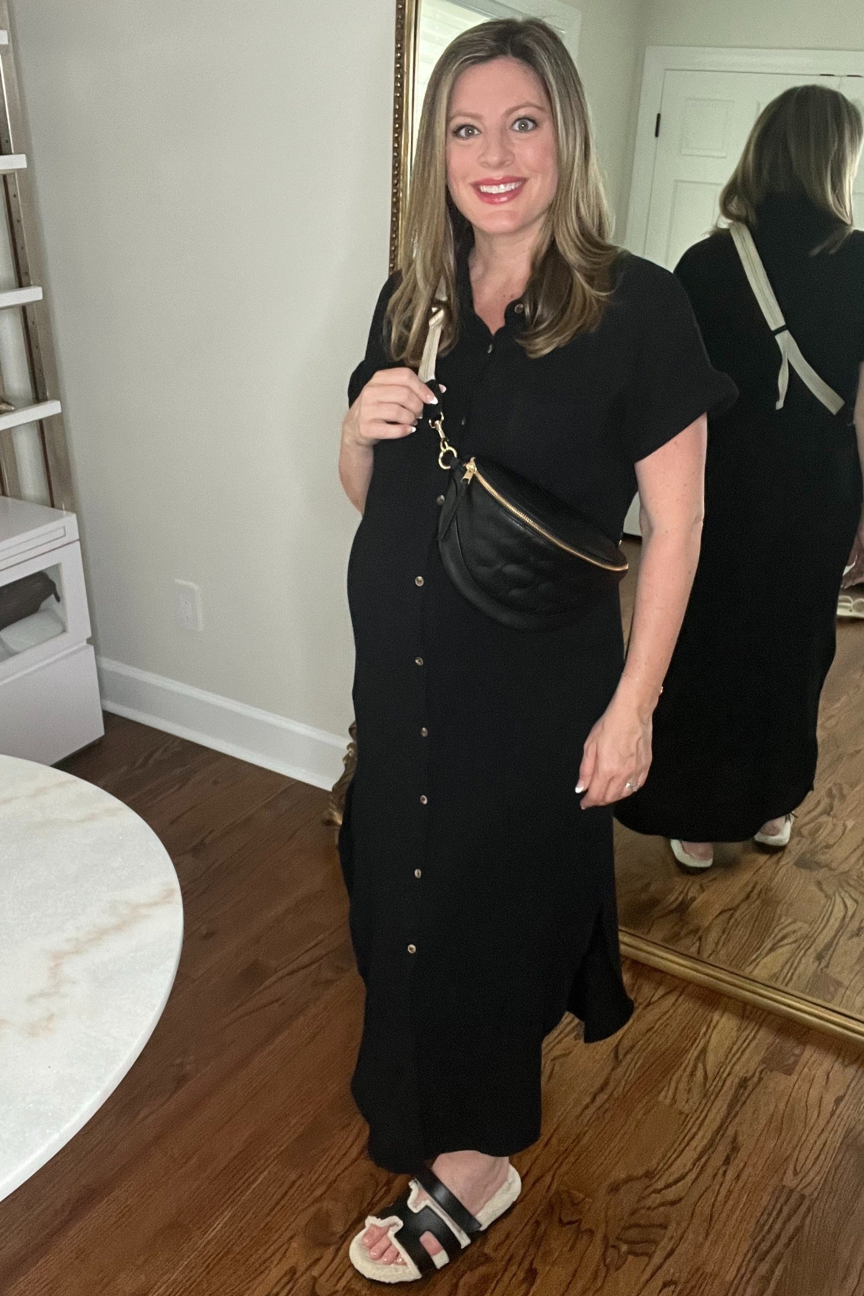 Black Button Down Maternity Midi Dress by PinkBlush at Everetts Place