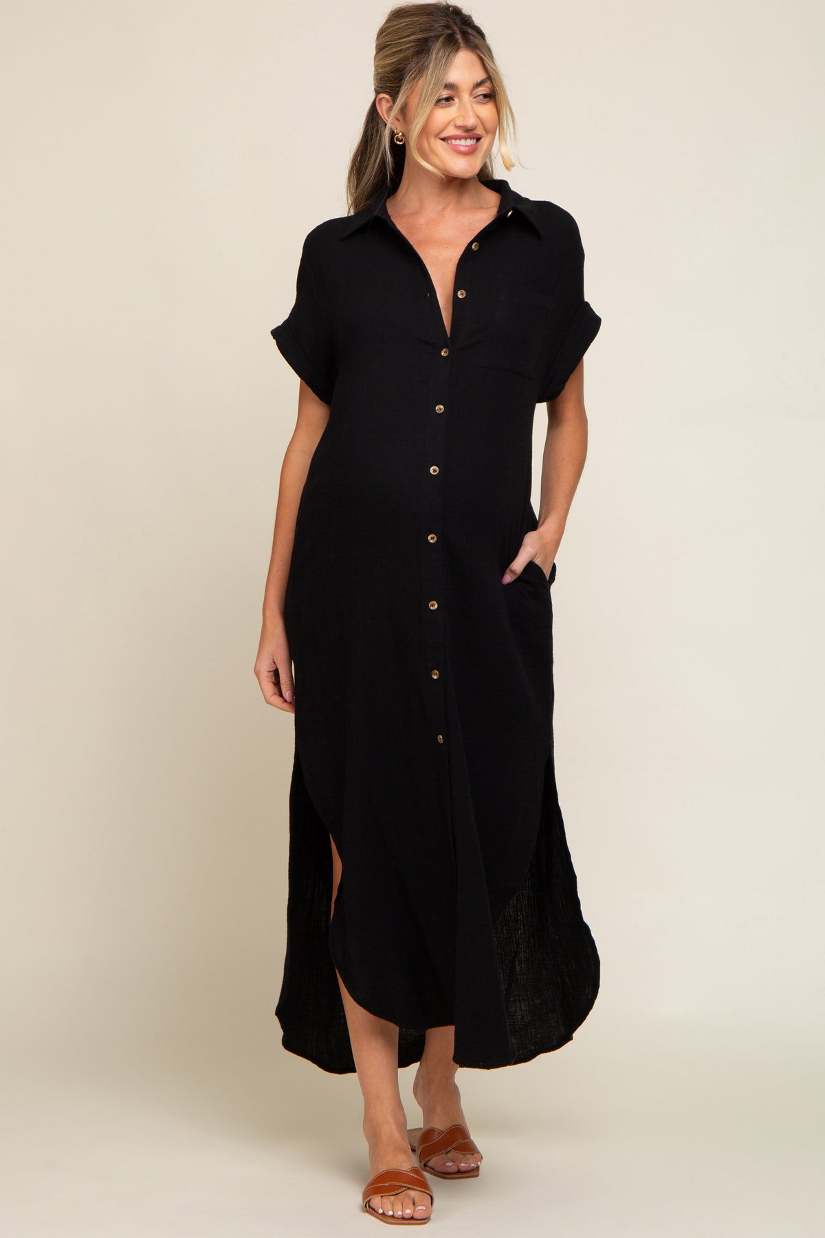 Button Down Nursing Friendly Maternity Midi Dress by PinkBlush (view 1 of 9)