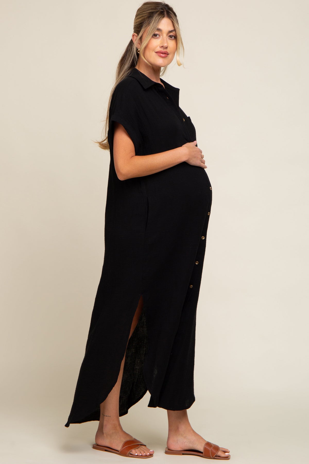 Button Down Nursing Friendly Maternity Midi Dress by PinkBlush (view 2 of 9)