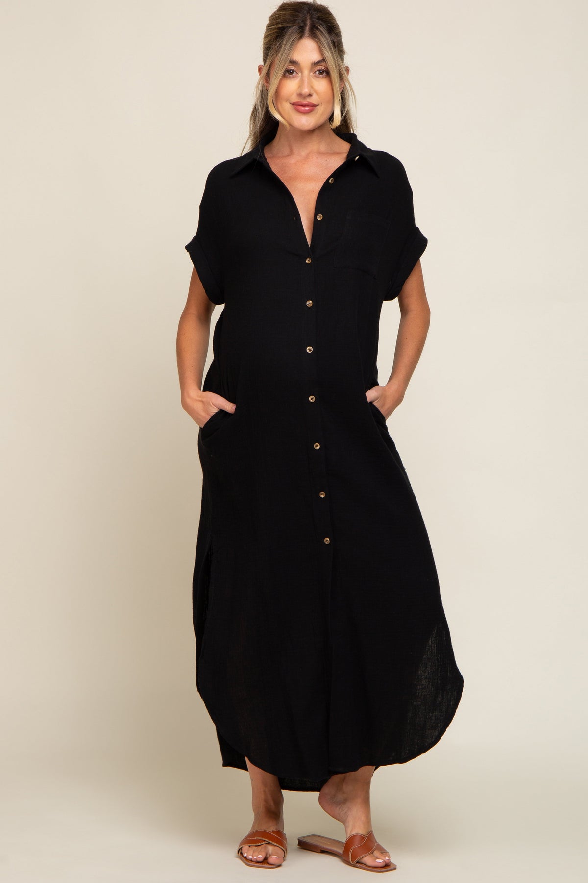 Button Down Nursing Friendly Maternity Midi Dress by PinkBlush (view 4 of 9)