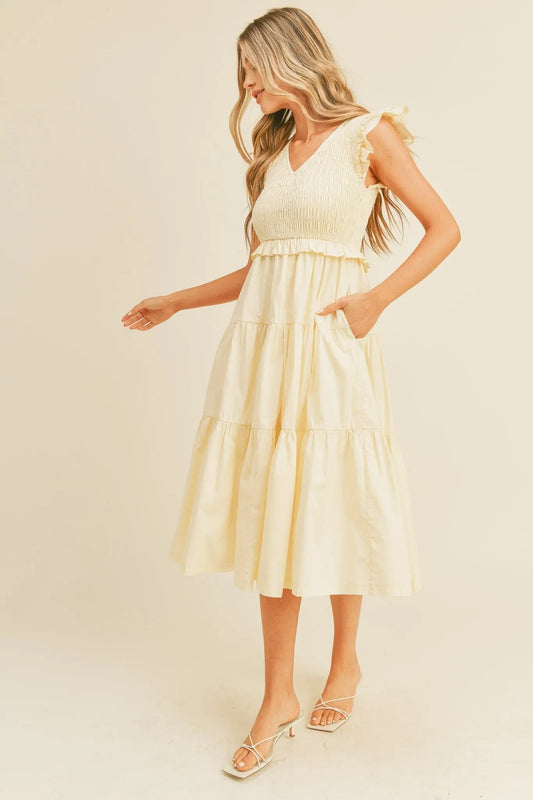 PinkBlush PinkBlush Cream Smocked Flutter Sleeve Midi Dress with Pockets for Women - Apparel & Accessories > Clothing > Dresses