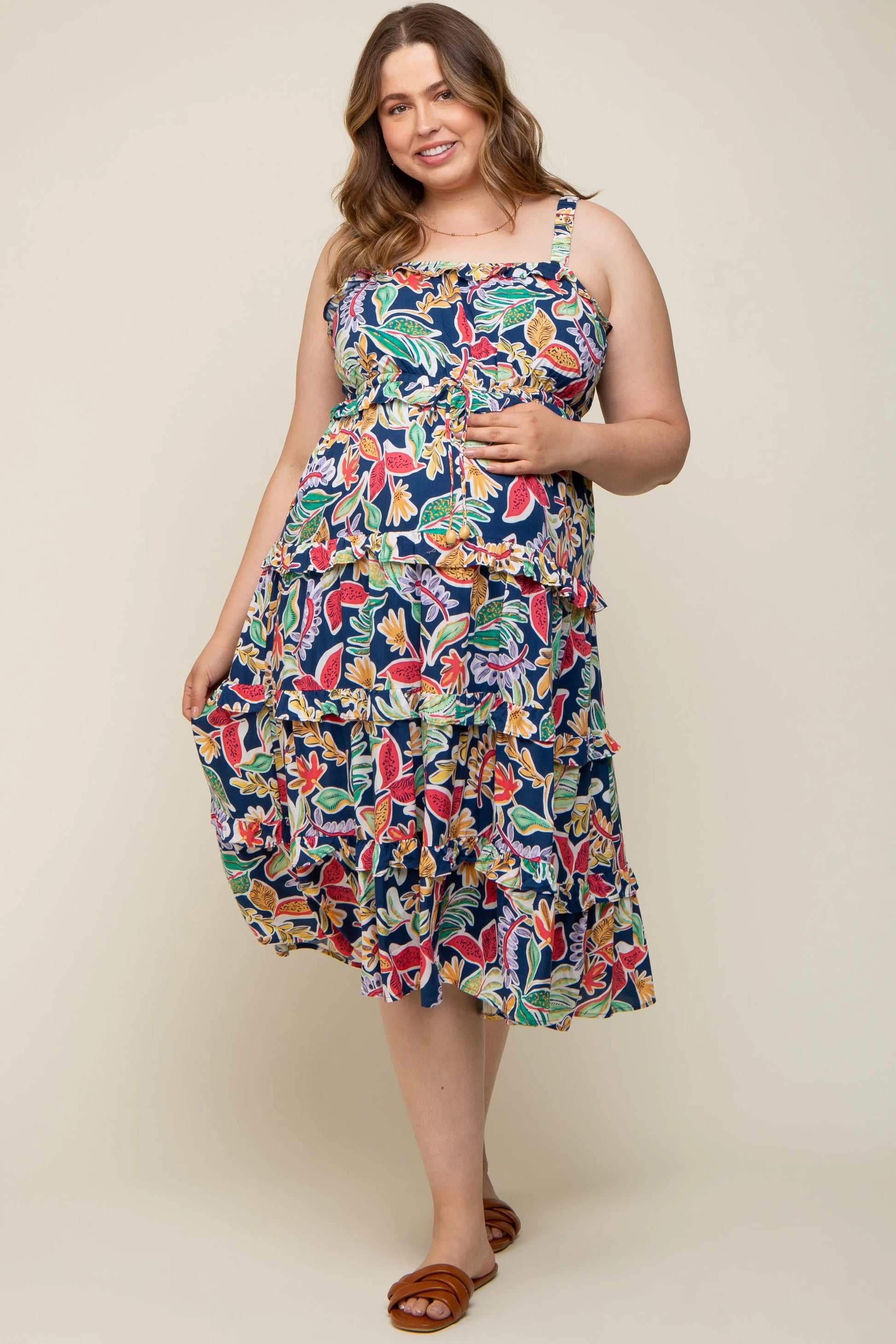PinkBlush PinkBlush Floral Tiered Maternity Midi Dress for Stylish Moms-to-Be - Apparel & Accessories > Clothing > Dresses