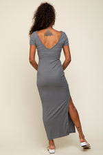 Grey Basic Ribbed Side Slit Midi Dress by PinkBlush at Everetts Place