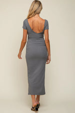 PinkBlush PinkBlush Grey Ribbed Maternity Midi Dress with Side Slit for Expecting Moms - Apparel & Accessories > Clothing > Dresses