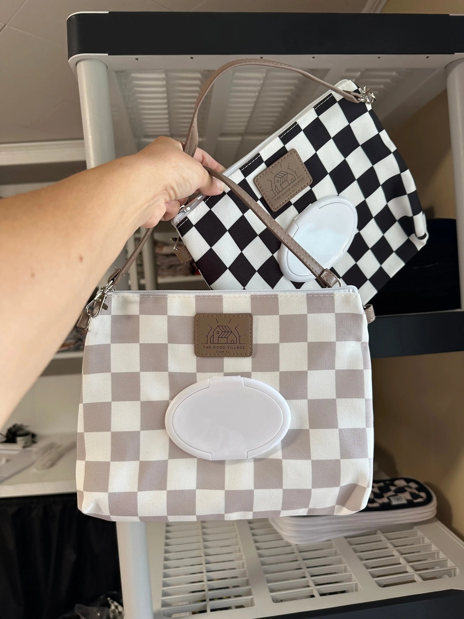 Wipes Clutch In Tan Check Multi Compartment Wet Bag For Diapering The Good Village Cloth Co. 
