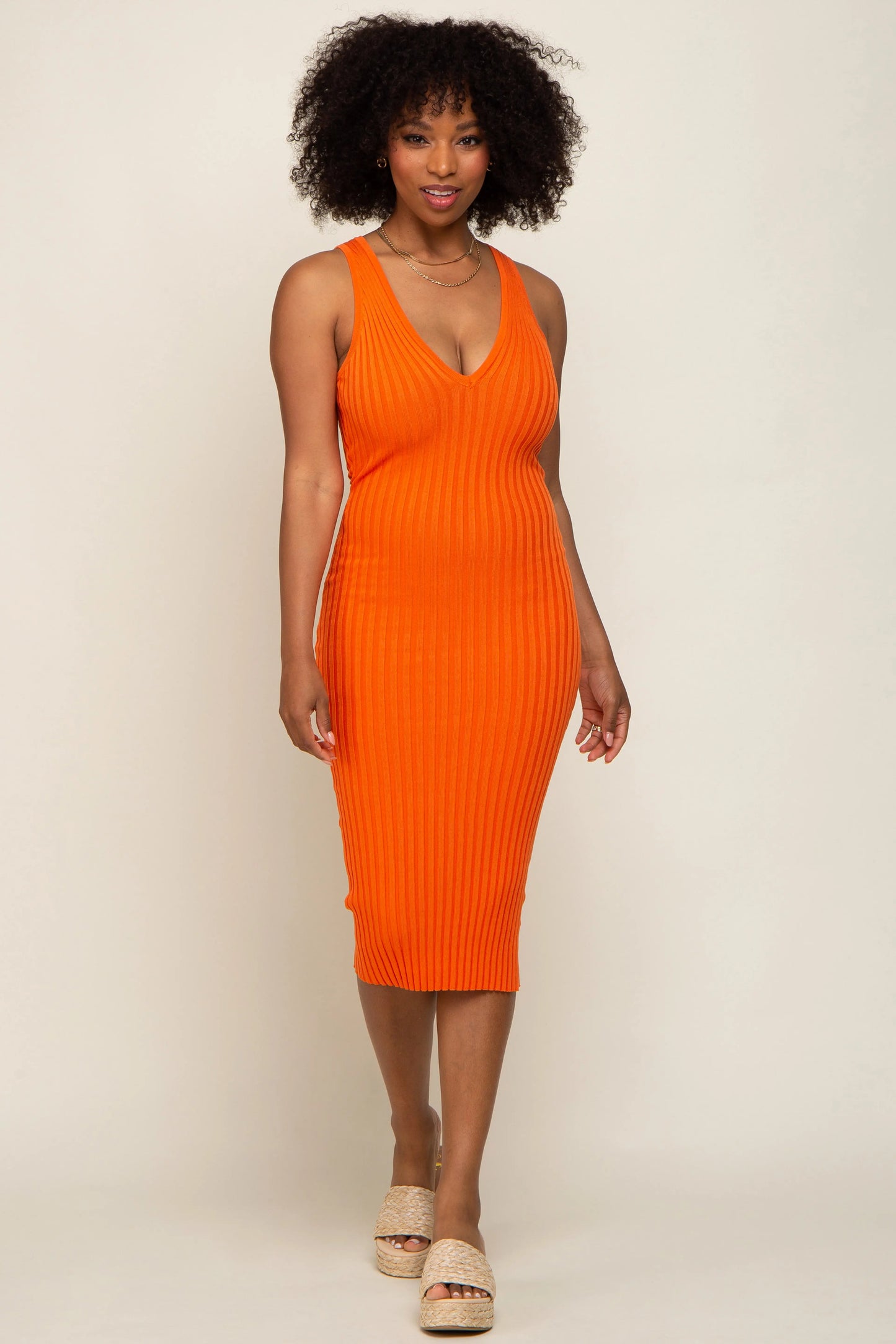 Orange Ribbed Knit Fitted V Neck Maternity Midi Dress PinkBlush