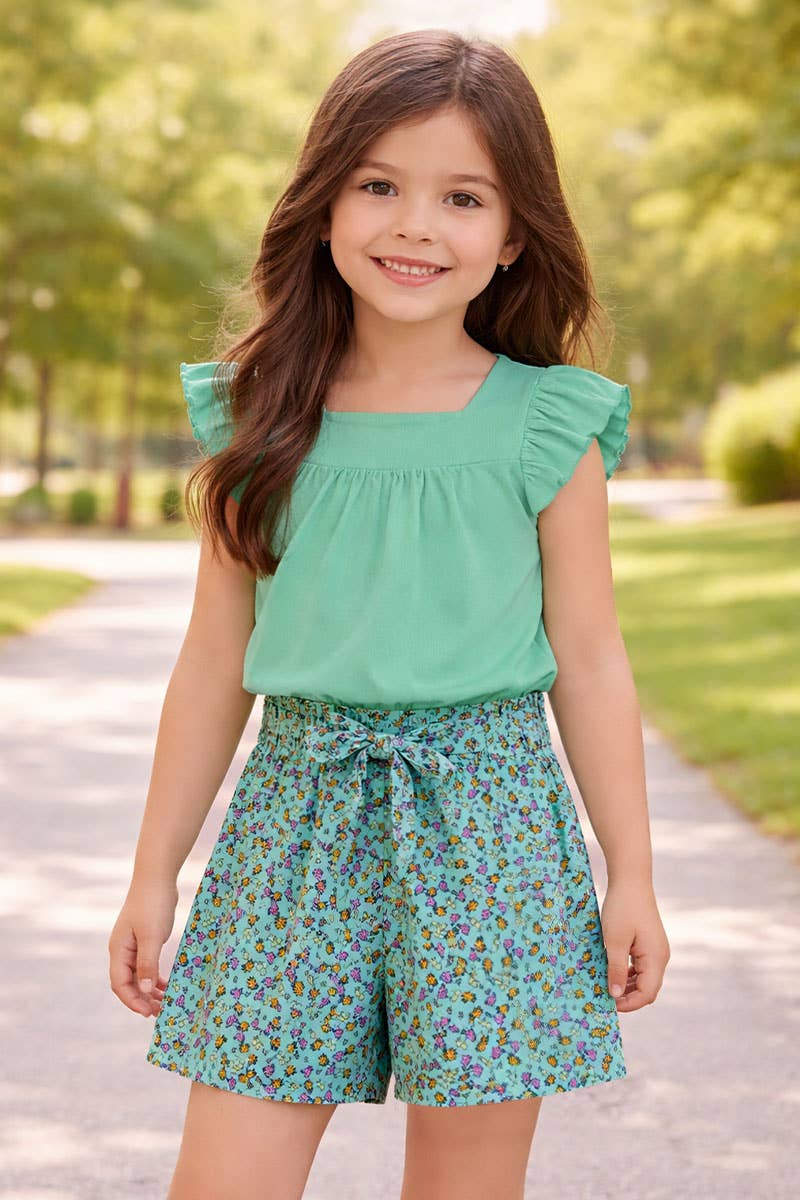 Girl's two-piece set with a ribbed square-neckline top and matching floral print shorts.