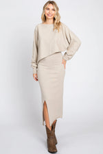 PinkBlush Chic Beige Knit Crop Top and Midi Skirt Set for Stylish Women - Apparel & Accessories > Clothing > Outfit Sets Apparel & Accessories > Clothing > Dresses