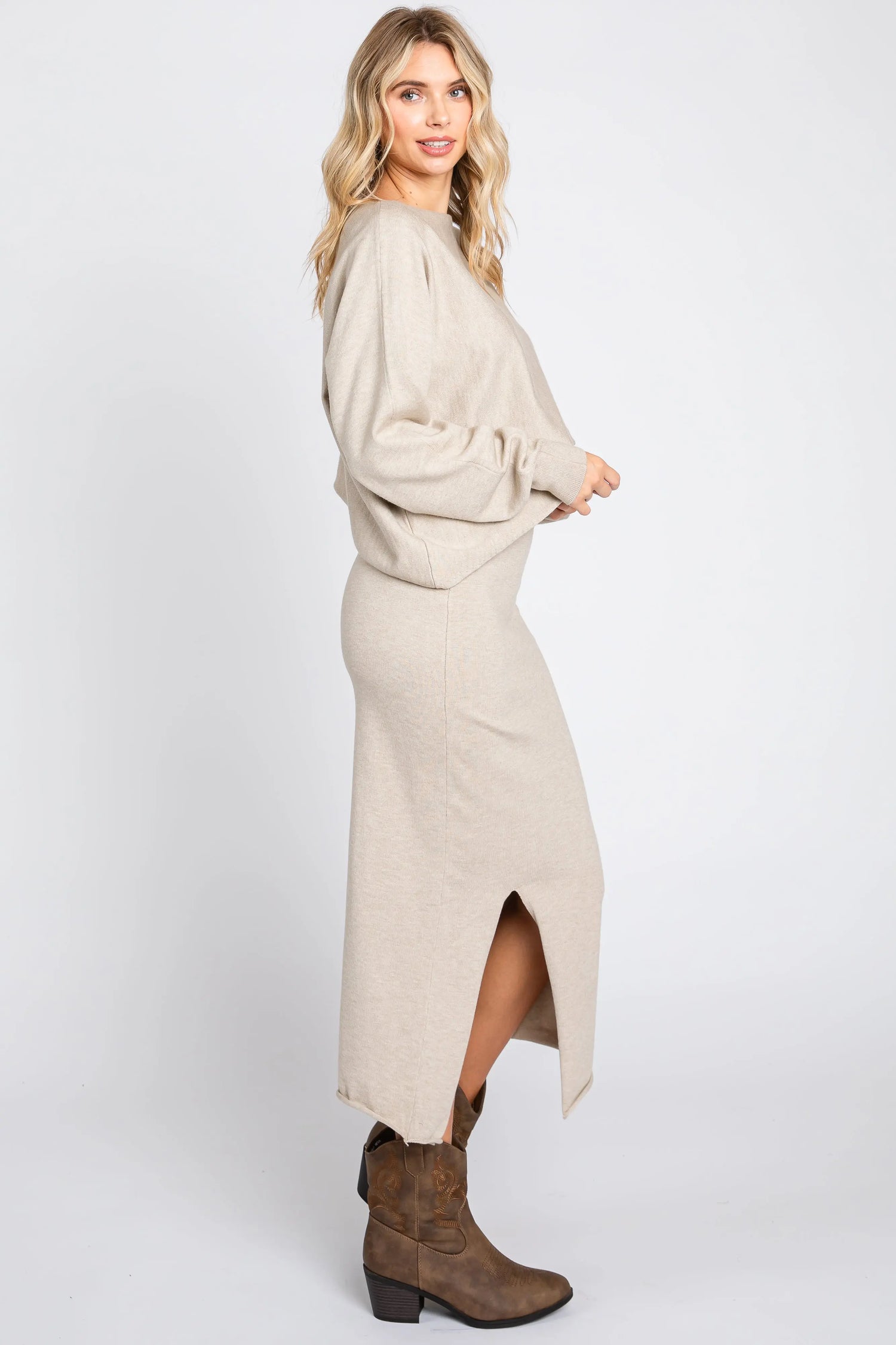 PinkBlush Chic Beige Knit Crop Top and Midi Skirt Set for Stylish Women - Apparel & Accessories > Clothing > Outfit Sets Apparel & Accessories > Clothing > Dresses