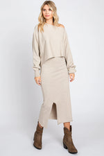 PinkBlush Chic Beige Knit Crop Top and Midi Skirt Set for Stylish Women - Apparel & Accessories > Clothing > Outfit Sets Apparel & Accessories > Clothing > Dresses