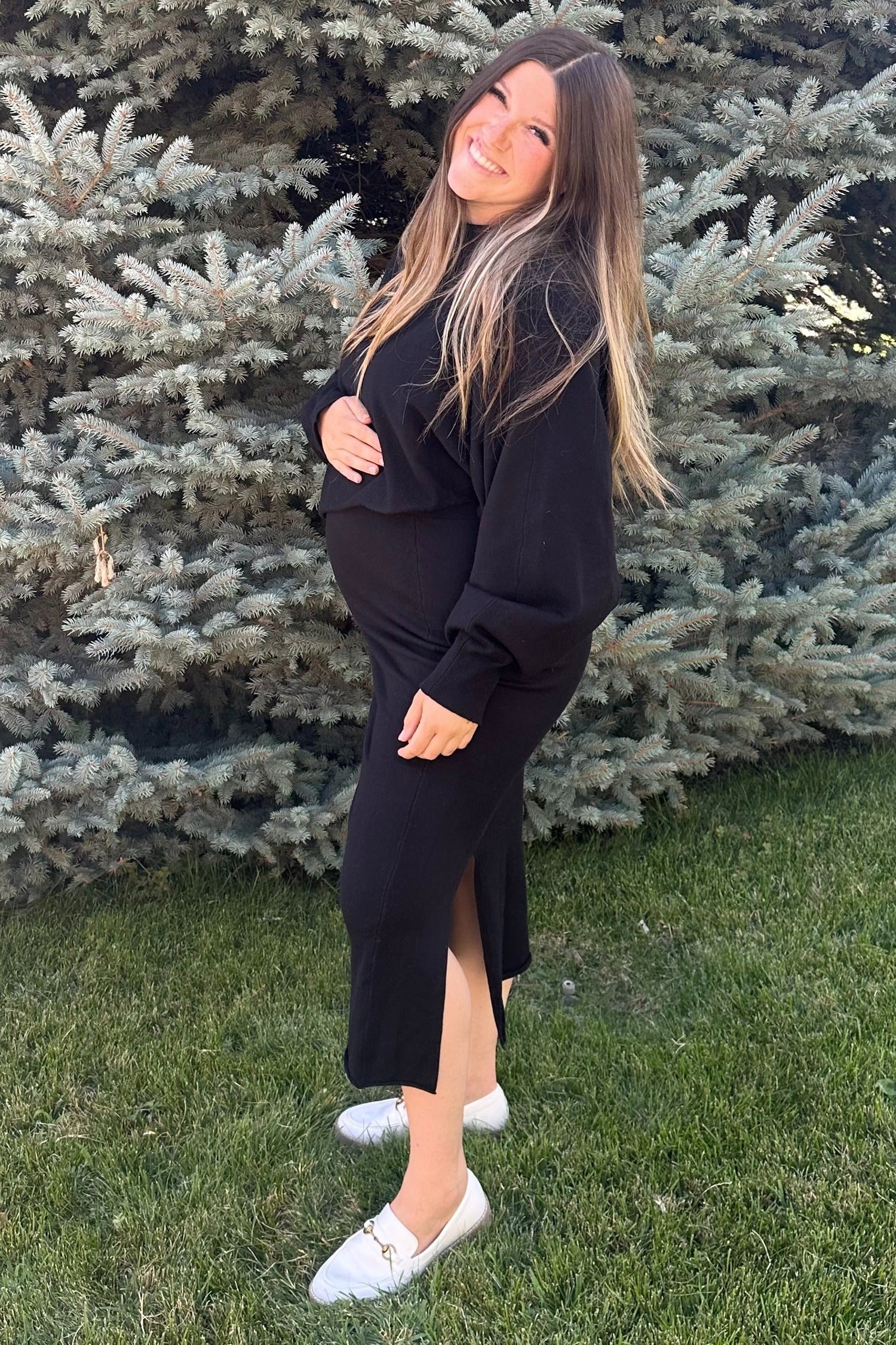 Black Knit Long Sleeve Crop Top Maternity Midi Skirt Set
