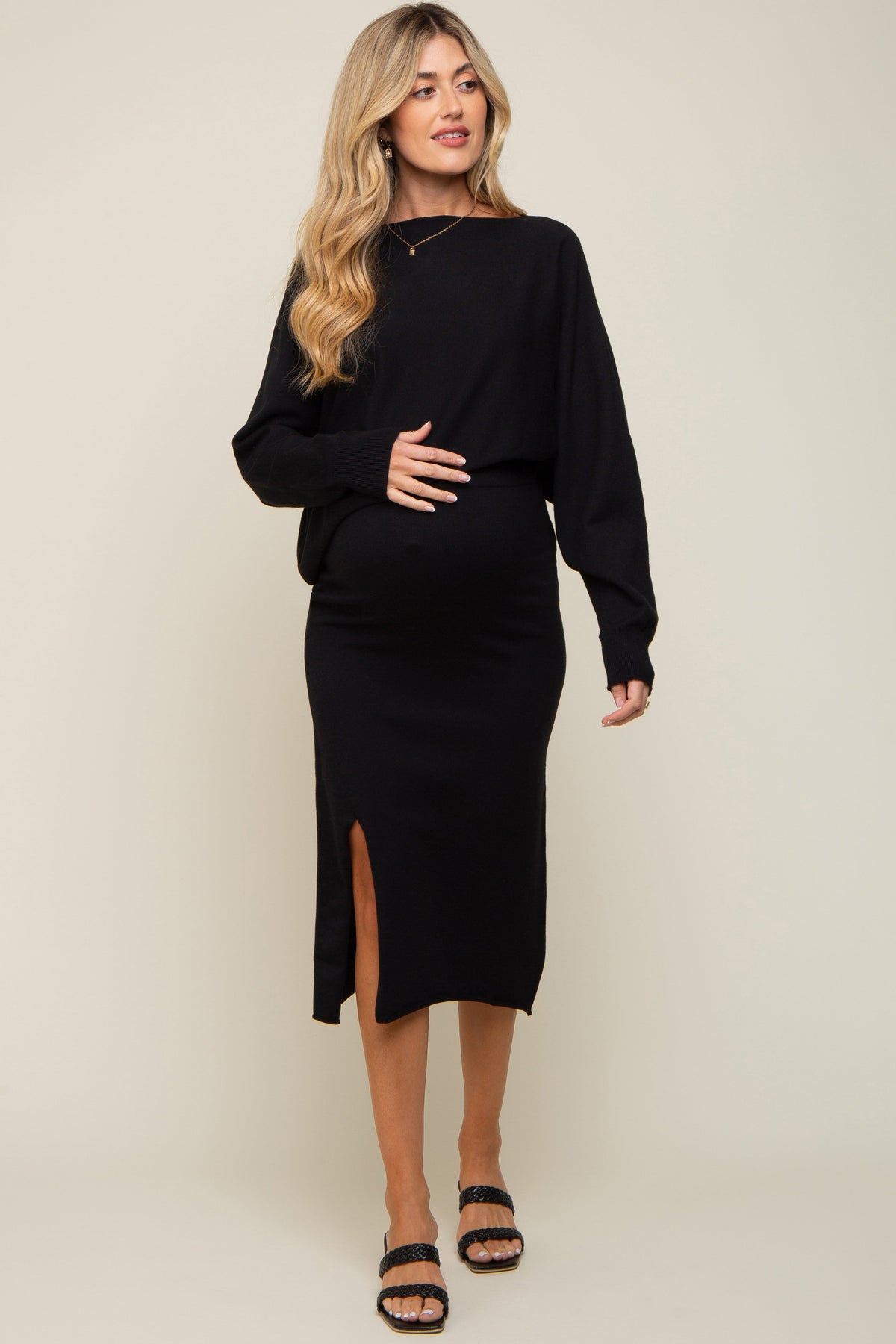 Knit Maternity Set - Long Sleeve Crop Top & Midi Skirt by PinkBlush