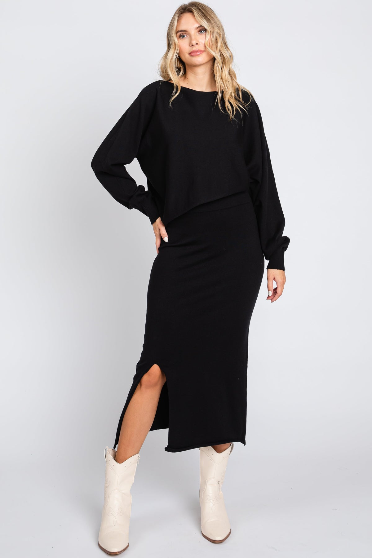 Knit Long Sleeve Crop Top Midi Skirt Set