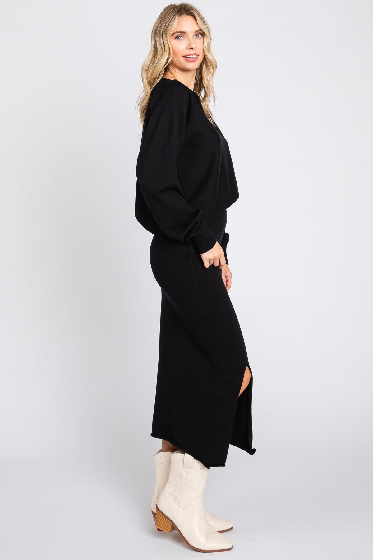 Knit Long Sleeve Crop Top Midi Skirt Set