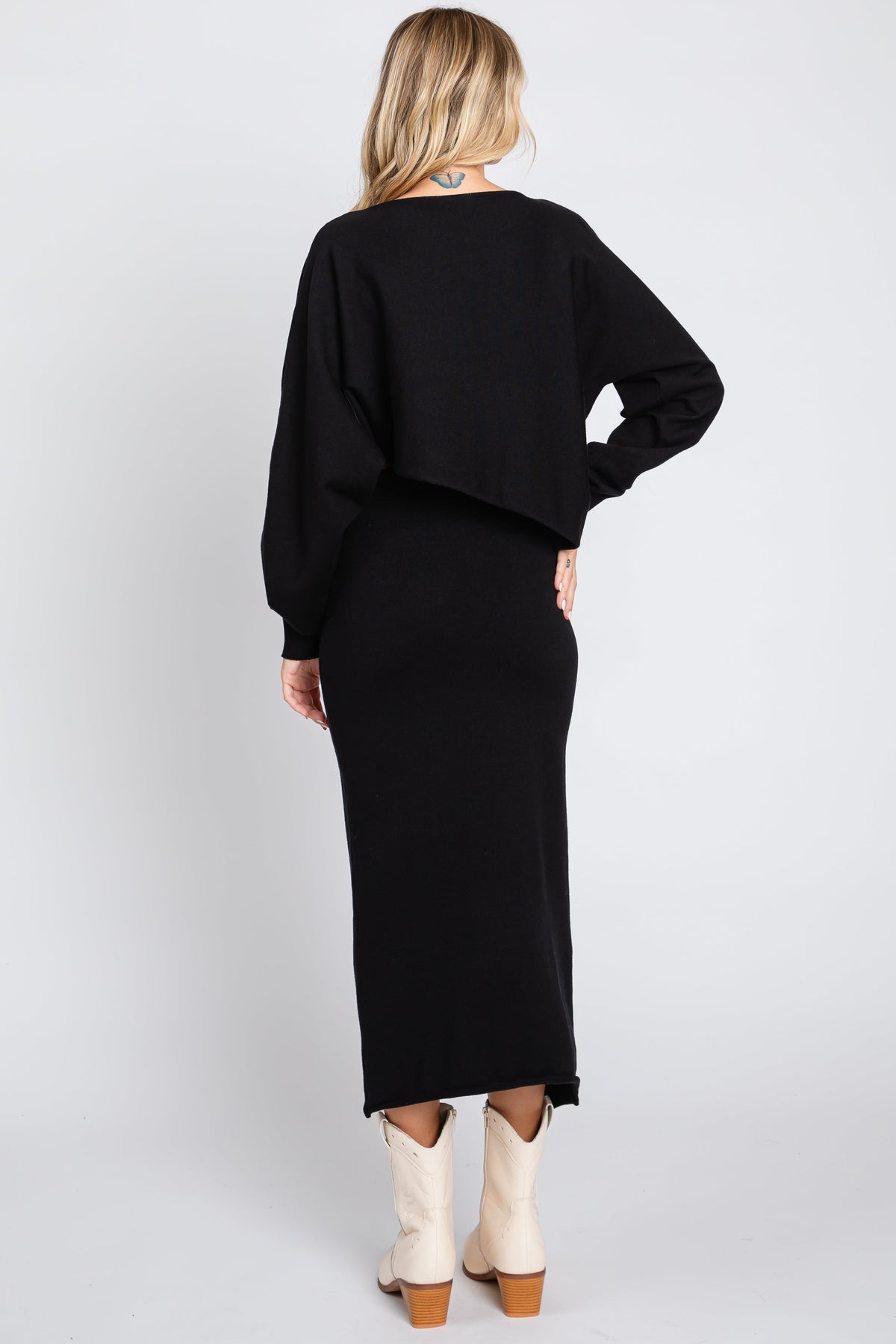 Knit Long Sleeve Crop Top Midi Skirt Set by PinkBlush