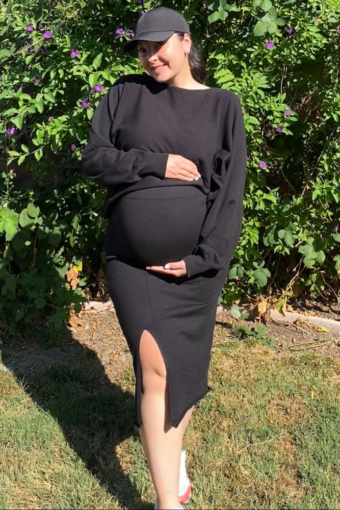 Black Knit Long Sleeve Crop Top Maternity Midi Skirt Set by PinkBlush at Everetts Place