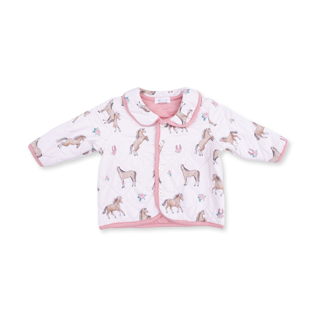 Quilted baby jacket in an I Love Horses print, shown buttoned with long sleeves