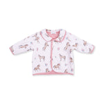 Quilted baby jacket in an I Love Horses print, shown buttoned with long sleeves