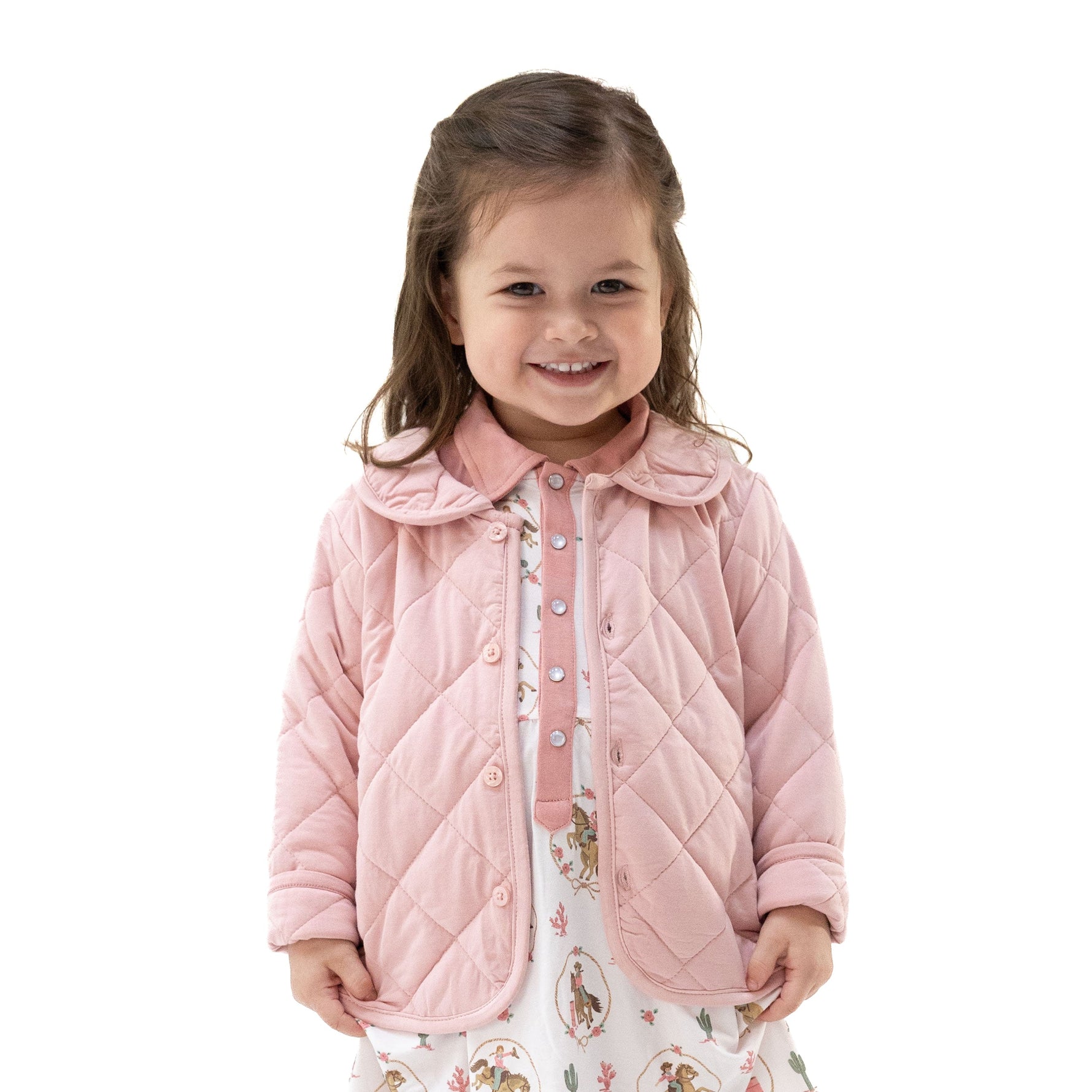 Quilted baby jacket in solid mellow rose pink with long sleeves and front closure