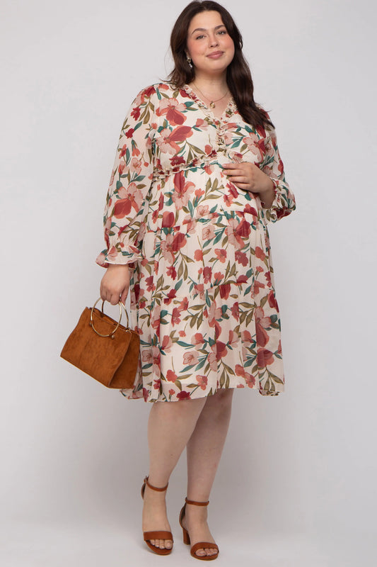 PinkBlush Elegant Floral Ruffle V Neck Maternity Plus Dress for Expecting Moms - Apparel & Accessories > Clothing > Dresses
