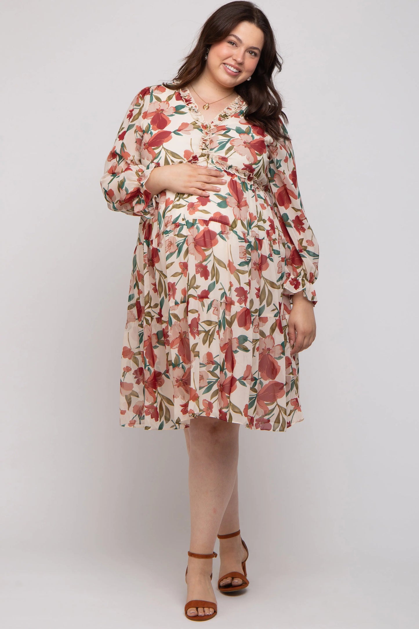 PinkBlush Elegant Floral Ruffle V Neck Maternity Plus Dress for Expecting Moms - Apparel & Accessories > Clothing > Dresses