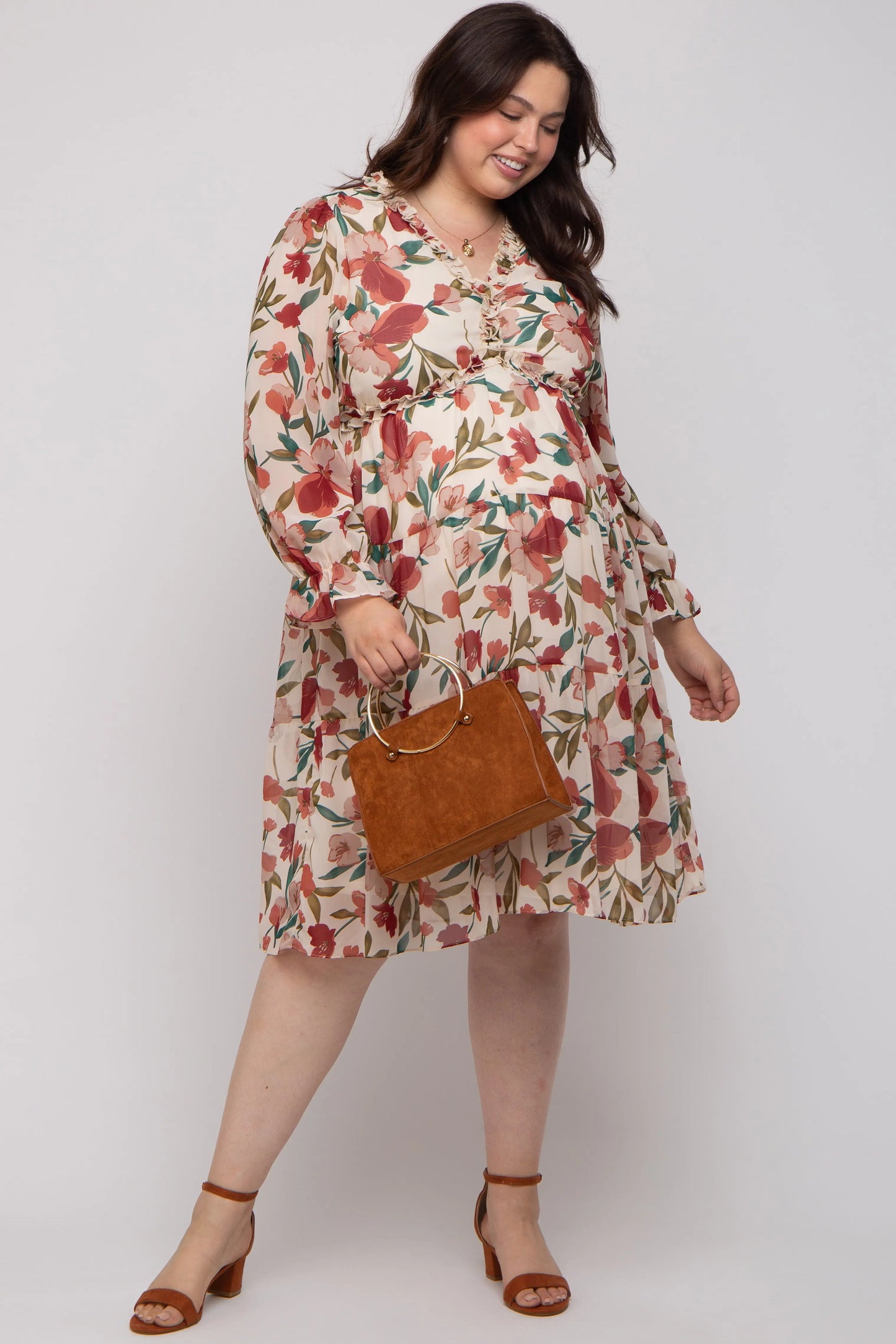 PinkBlush Elegant Floral Ruffle V Neck Maternity Plus Dress for Expecting Moms - Apparel & Accessories > Clothing > Dresses