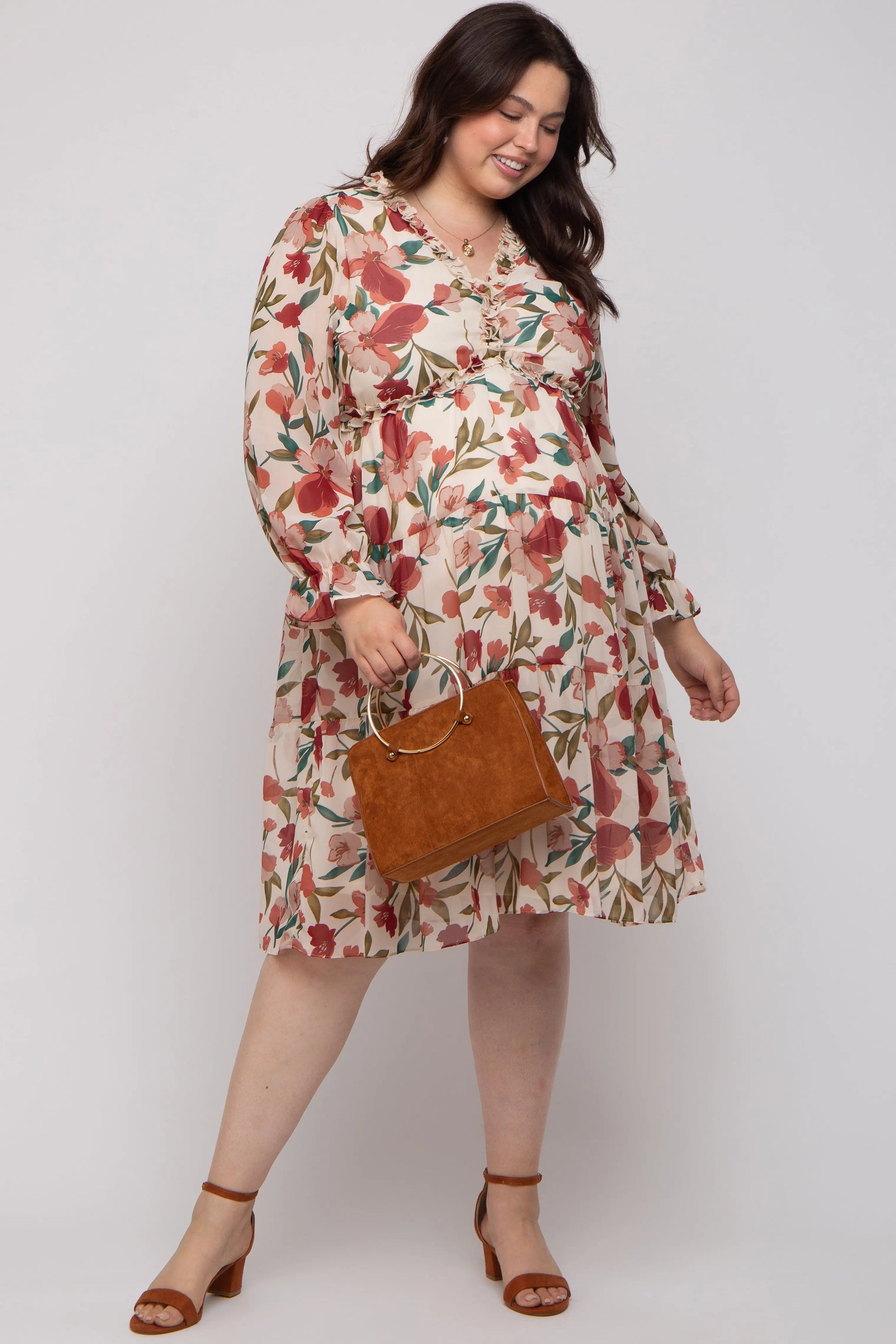 PinkBlush Elegant Floral Ruffle V Neck Maternity Plus Dress for Expecting Moms - Apparel & Accessories > Clothing > Dresses