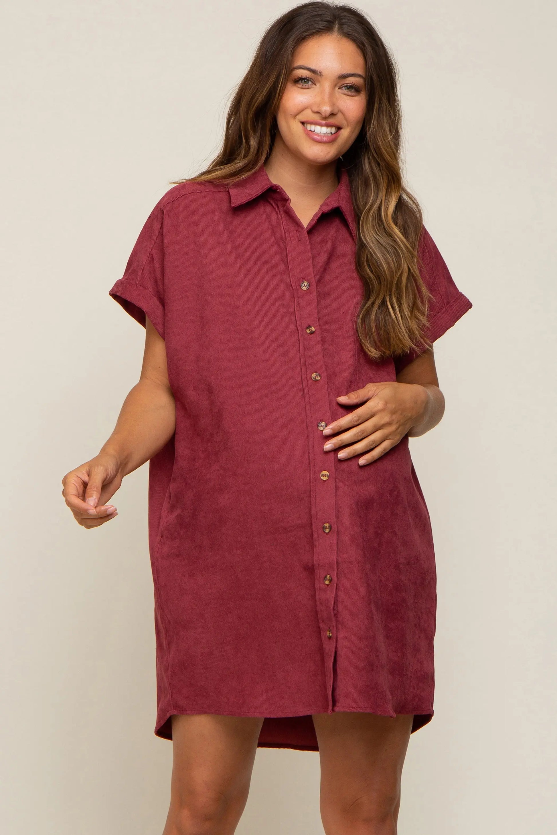 PinkBlush Burgundy Maternity Mini Dress with Cuffed Sleeves and Pockets for Expecting Mothers - Apparel & Accessories > Clothing > Dresses