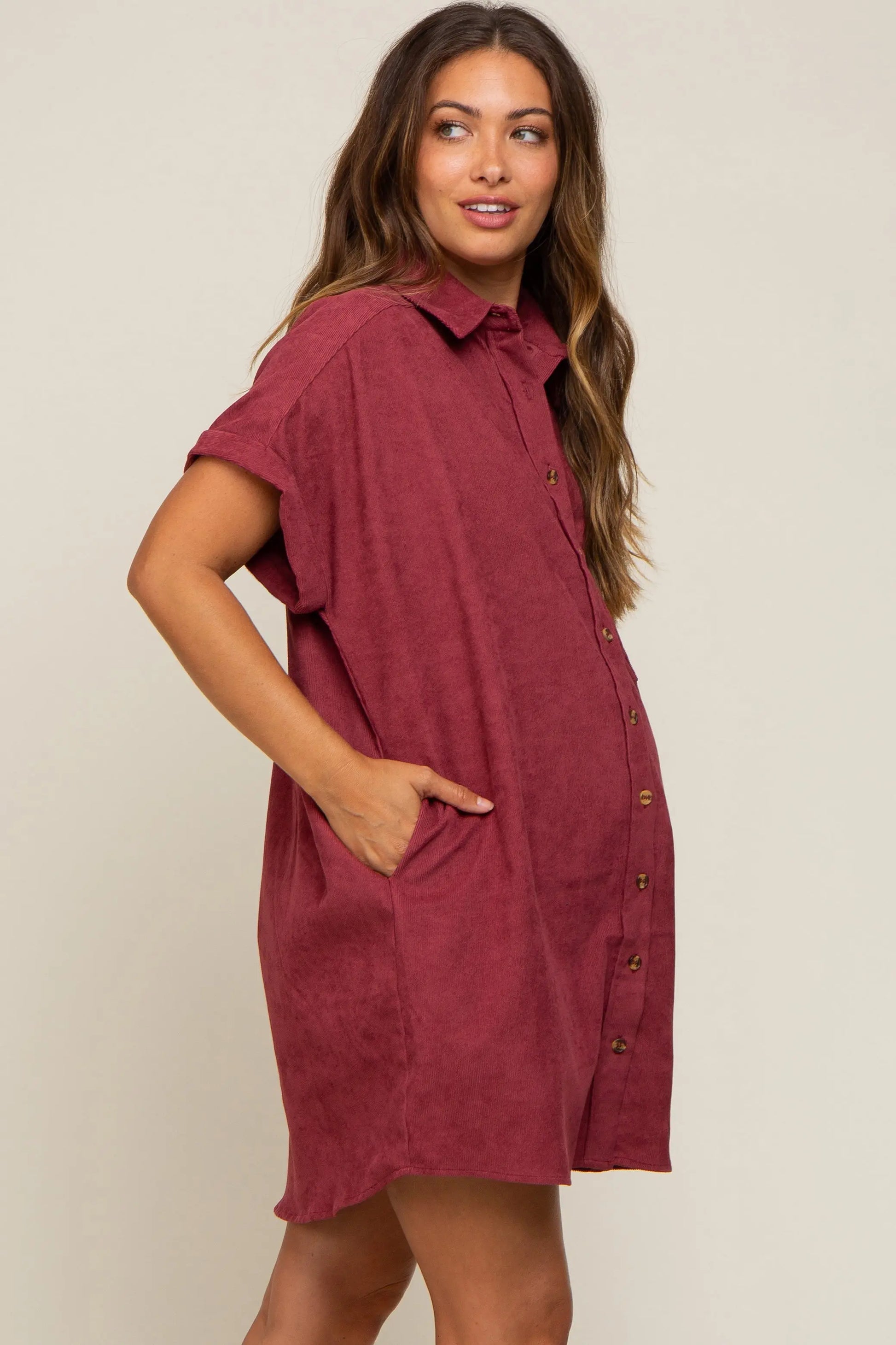 PinkBlush Burgundy Maternity Mini Dress with Cuffed Sleeves and Pockets for Expecting Mothers - Apparel & Accessories > Clothing > Dresses