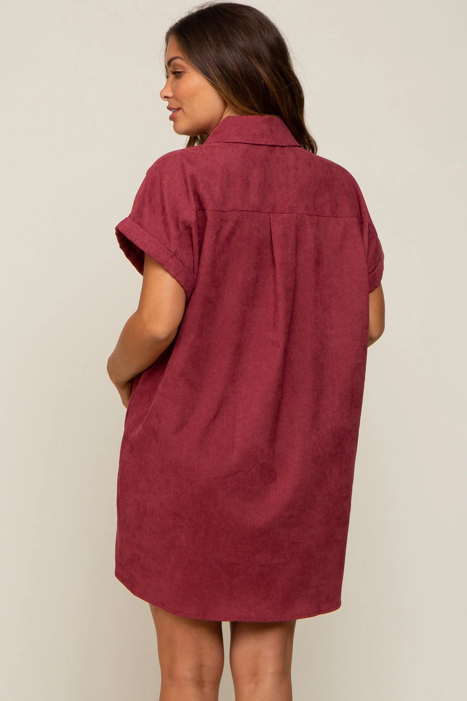 PinkBlush Burgundy Maternity Mini Dress with Cuffed Sleeves and Pockets for Expecting Mothers - Apparel & Accessories > Clothing > Dresses
