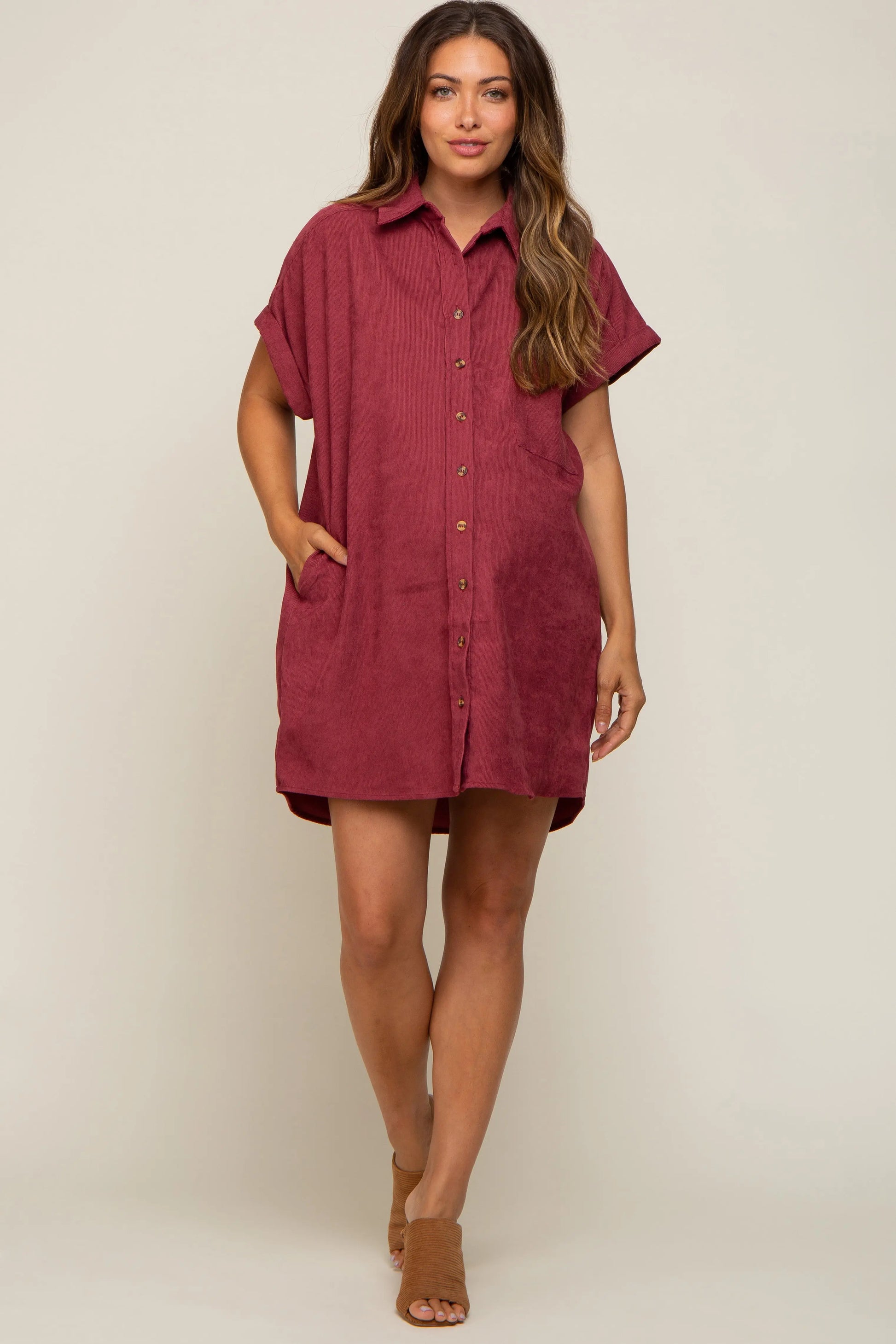PinkBlush Burgundy Maternity Mini Dress with Cuffed Sleeves and Pockets for Expecting Mothers - Apparel & Accessories > Clothing > Dresses