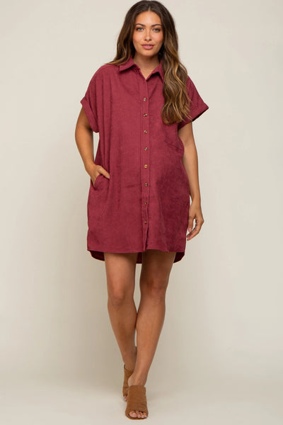 Burgundy Maternity Mini Dress with Cuffed Sleeves and Pockets for Expecting Mothers