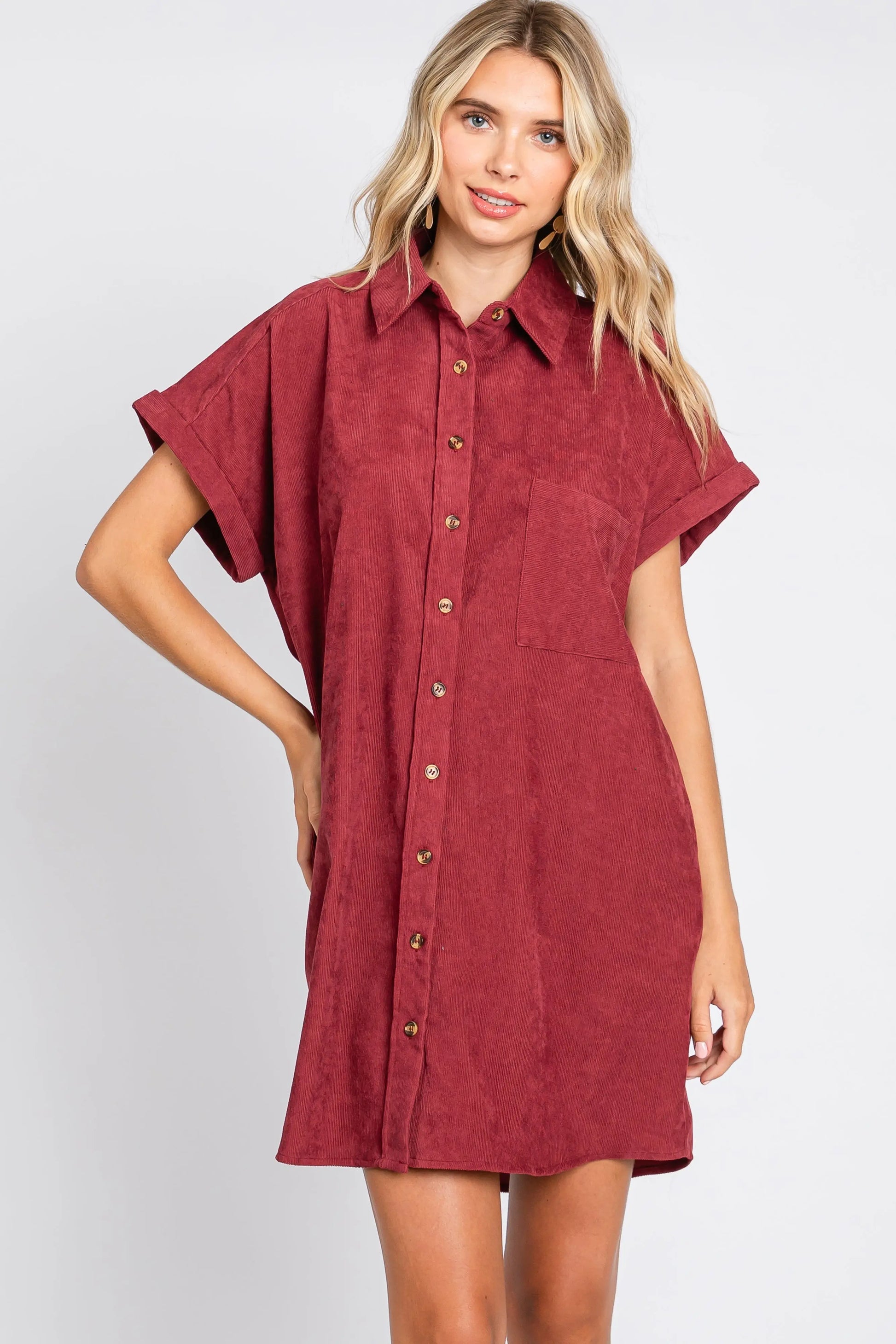 PinkBlush Burgundy Maternity Mini Dress with Cuffed Sleeves and Pockets for Expecting Mothers - Apparel & Accessories > Clothing > Dresses