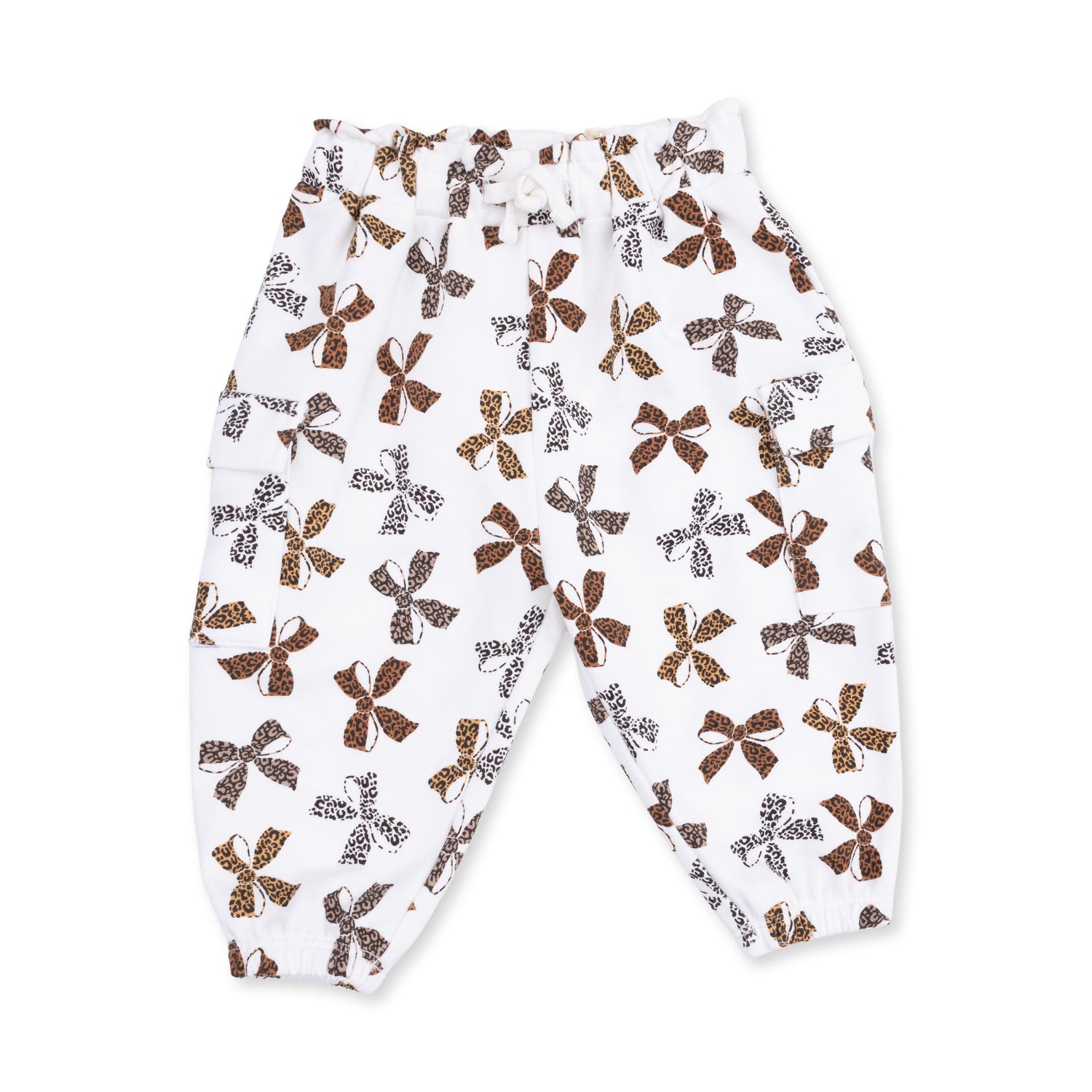 Baby cargo pants in leopard-print French terry with cargo pockets and a pull-on waist.