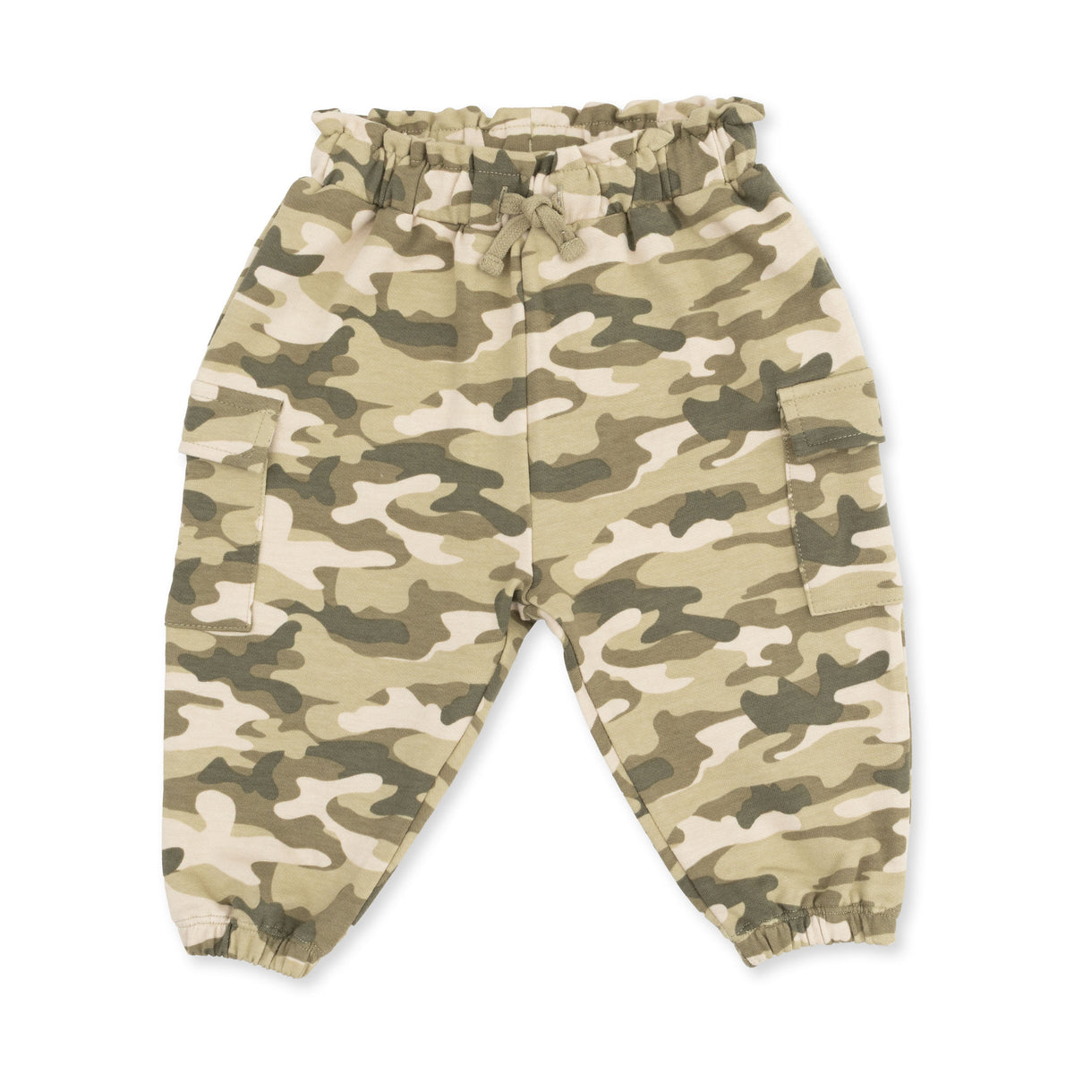 Baby cargo pants in camo-print French terry with side pockets and a pull-on elastic waist