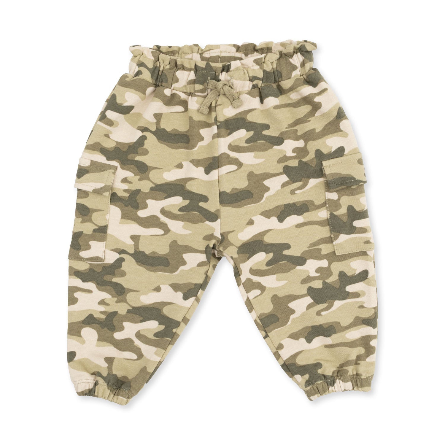 Baby cargo pants in camo-print French terry with side pockets and a pull-on elastic waist