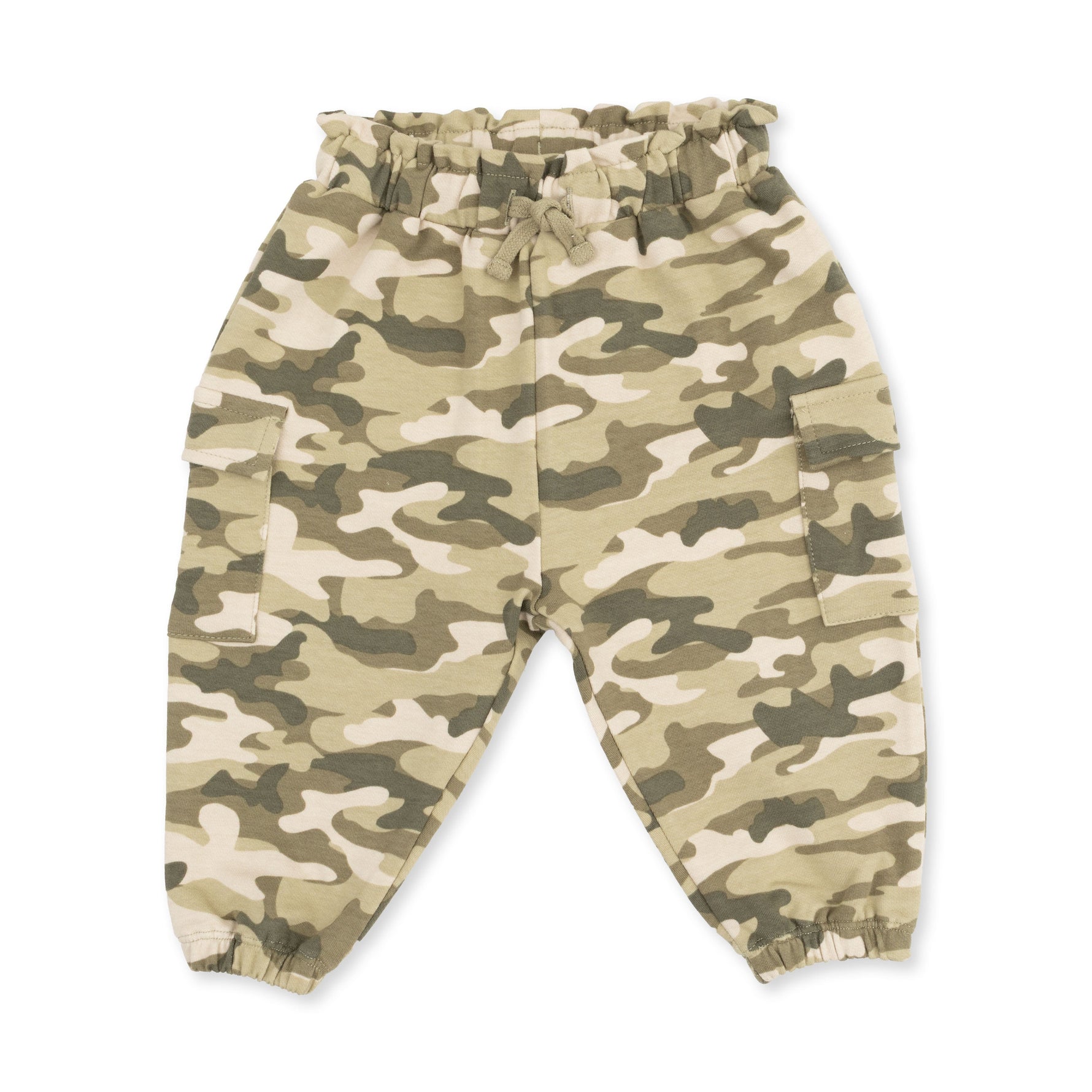 Baby cargo pants in camo-print French terry with side pockets and a pull-on elastic waist