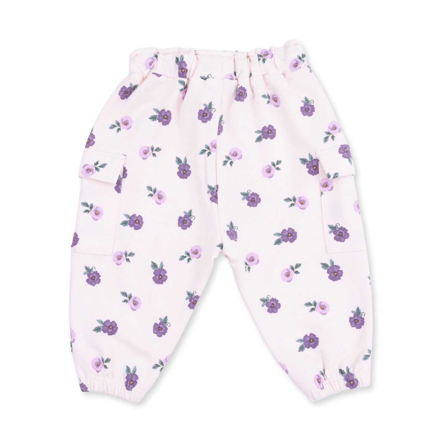Cargo pants in a violet floral print with side pockets and an elastic pull-on waist.