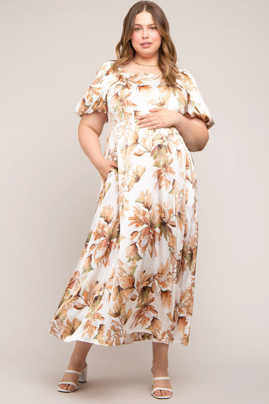 Cream Floral Satin Puff Sleeve Maternity Plus Maxi Dress PinkBlush