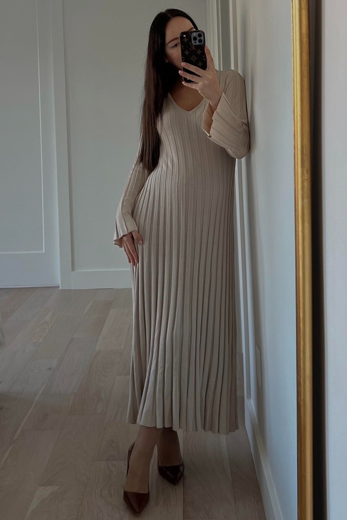 Taupe Ribbed Knit Maxi Dress by PinkBlush