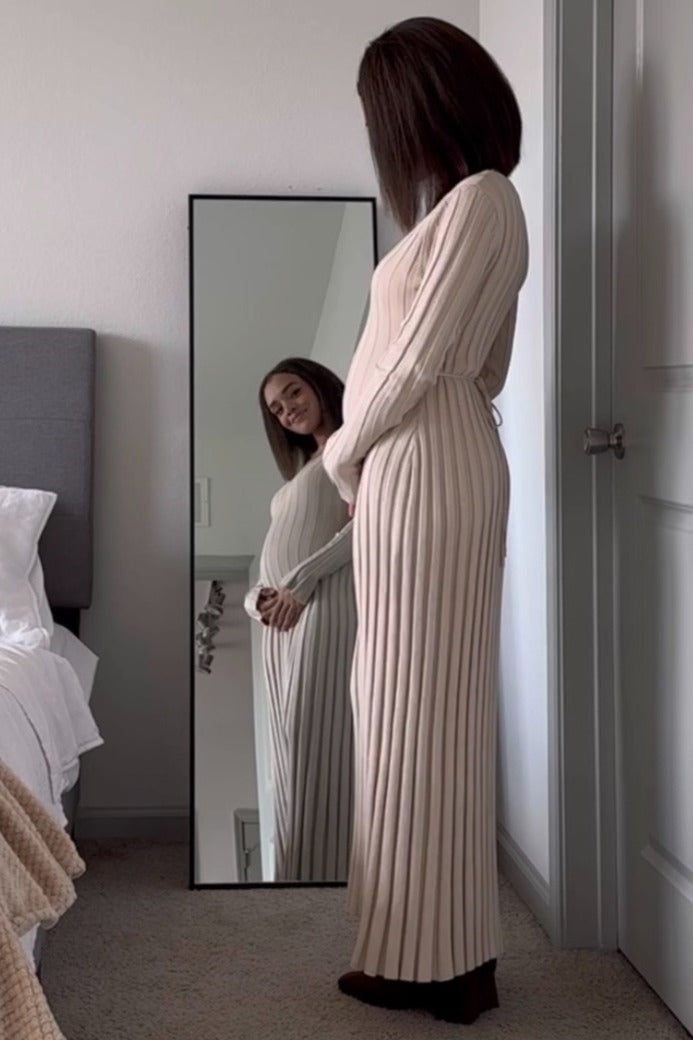 Taupe Ribbed Maternity Knit Maxi Dress by PinkBlush